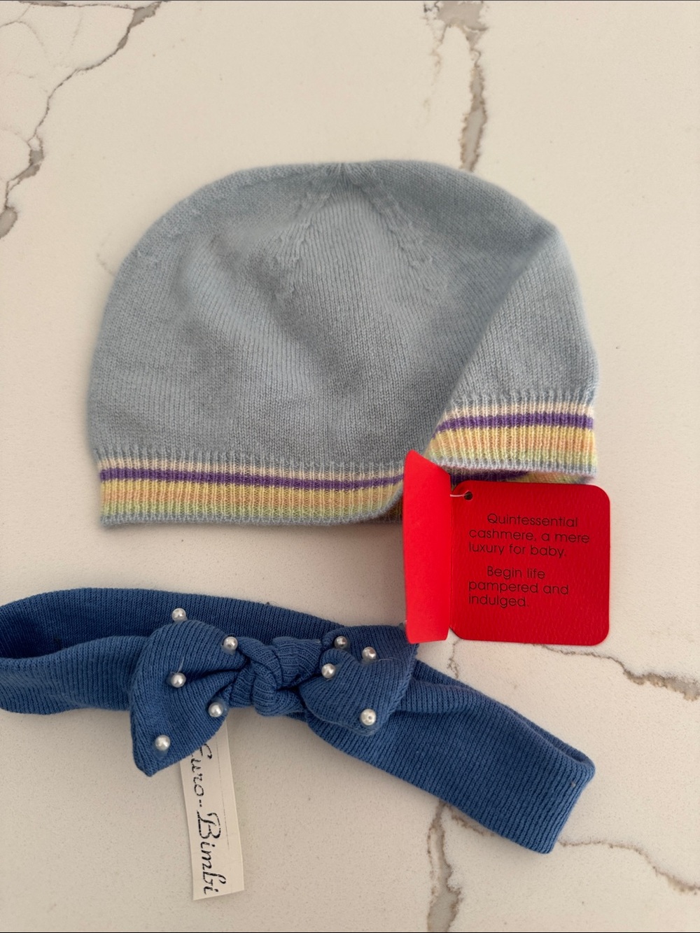 Made in Italy Il Gufo Light Blue Cashmere Baby Hat with Pastel Striped Trim 6-12